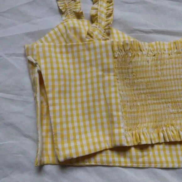 Zara Cropped Yellow White Gingham Tank Top Western Daisy Duke Boho Womens Small - Picture 9 of 12